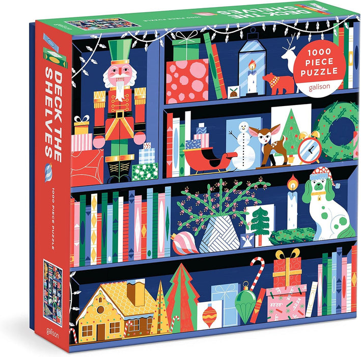 Galison 9780735376540 Deck The Shelves – 1000 Piece Puzzle Fun and Challenging Activity with Bright and Bold Artwork of A Christmas Holiday Shelf for Adults and Families, Multicoloured