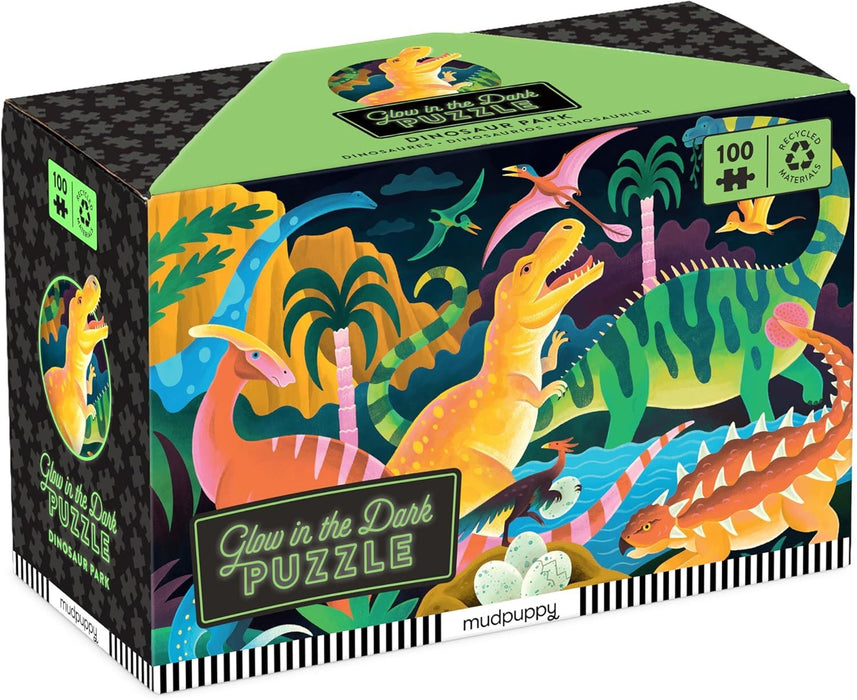 Mudpuppy Dinosaur Park – 100 Piece Glow in The Dark Jigsaw Puzzle with A Bold Scene of Marvelous Dinosaurs and Hidden Dino Skeleton Details in The Dark