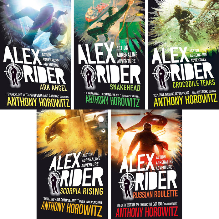 Alex Rider Mission Series by Anthony Horowitz: Ark Angel, Snakehead, Crocodile Tears, Scorpia Rising & Russian Roulette – High-Stakes Thrills and Action for Young Readers (5-Book Set)
